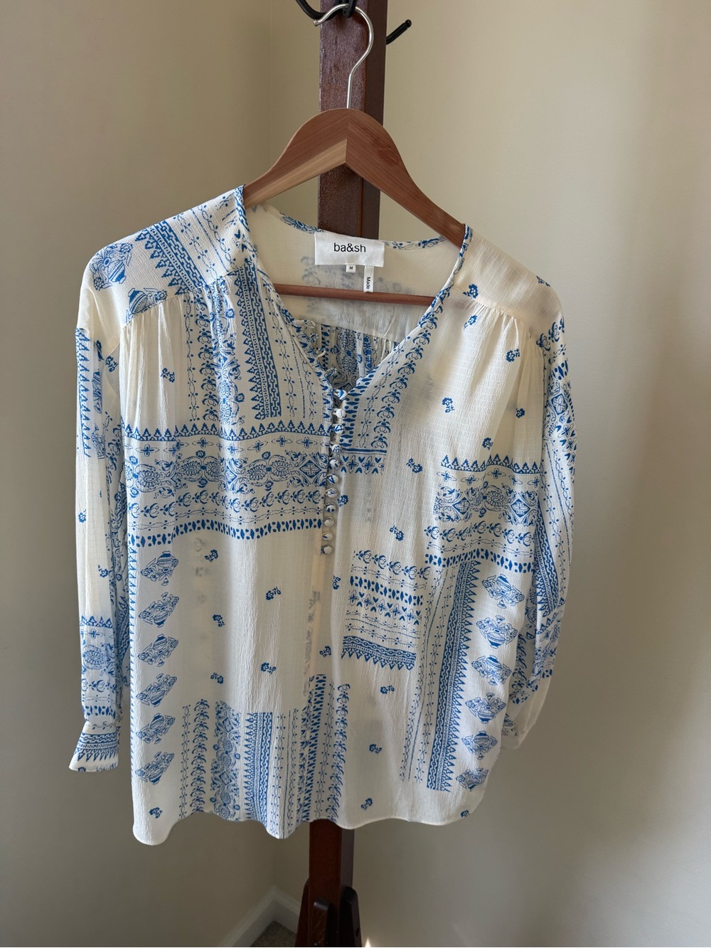 ba&sh Cream Blouse with Blue Folk Print